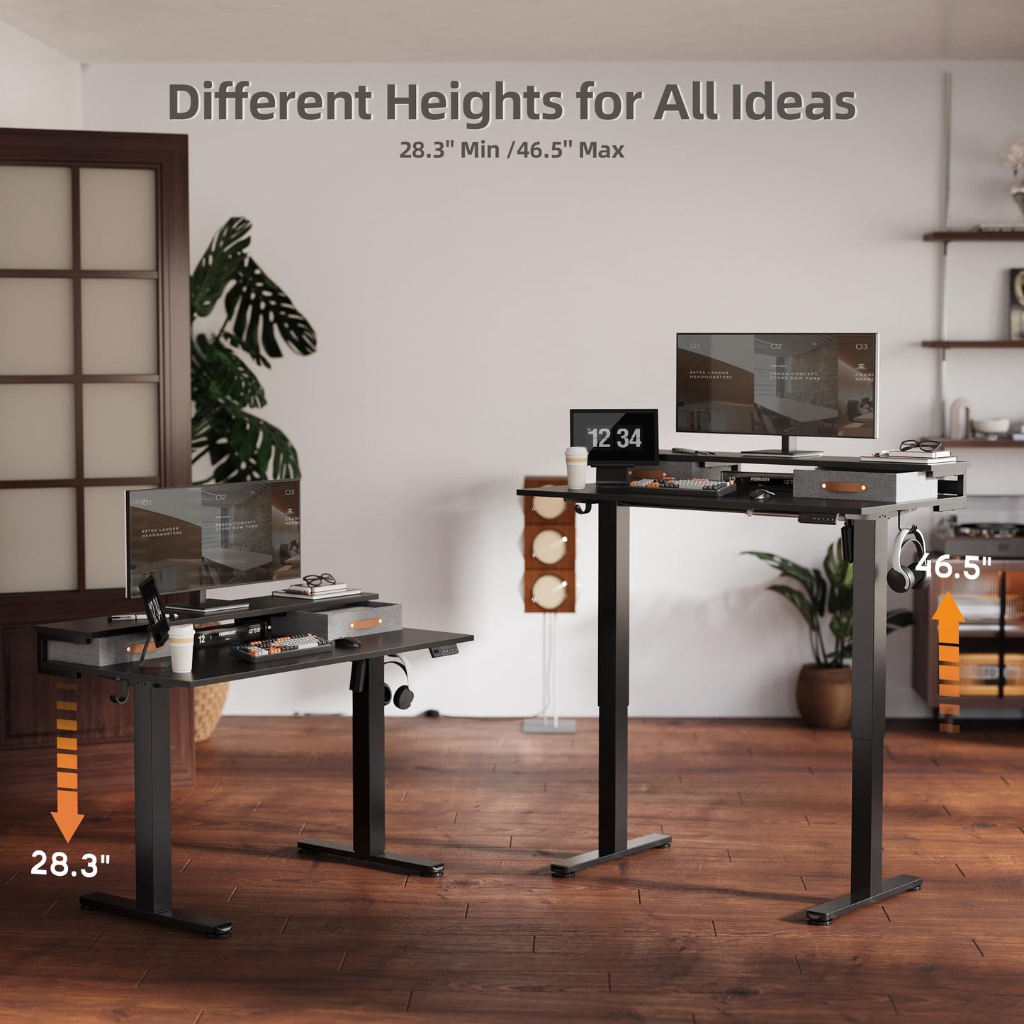 Claiks 48 Inch Electric Standing Desk with 2 Drawers, Adjustable Height Computer Table with Monitor Shelf, Scratch-Resistant Particleboard Desk with Hooks, Black