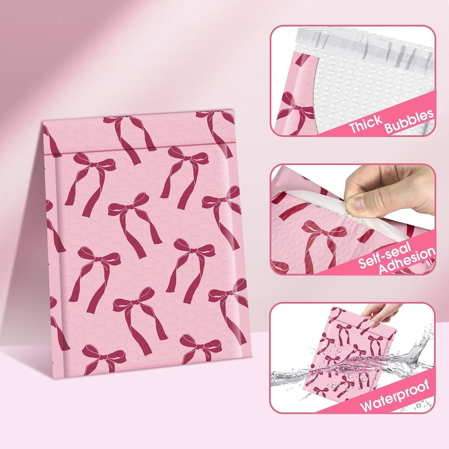 Fuxury Bubble Mailers 6x10" Padded Envelopes 100 Pack Pink Bows Cute Design Bubble Envelopes Usable Size 6x9" Strong Adhesion Pattern Shipping Envelopes Thick Padded Mailer for Mailing Jewelry, Makeup