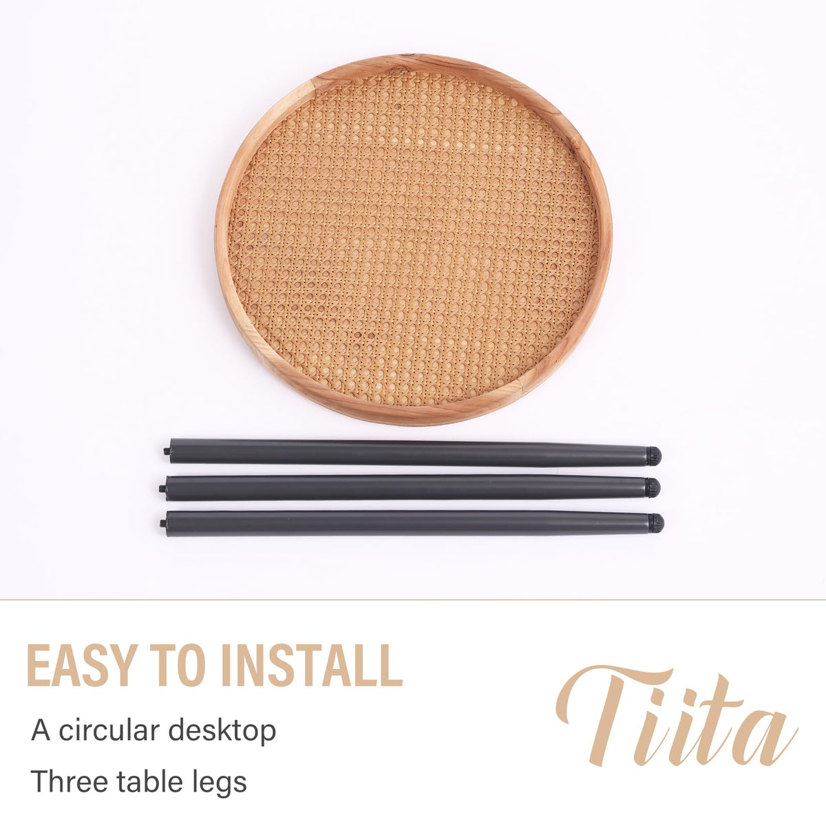 Tiita Rattan Round End Table Mental Side Table Nightstand/Small Wood Tables Accent Coffee Table with Wooden Tray for Living Room Bedroom Office Small Space