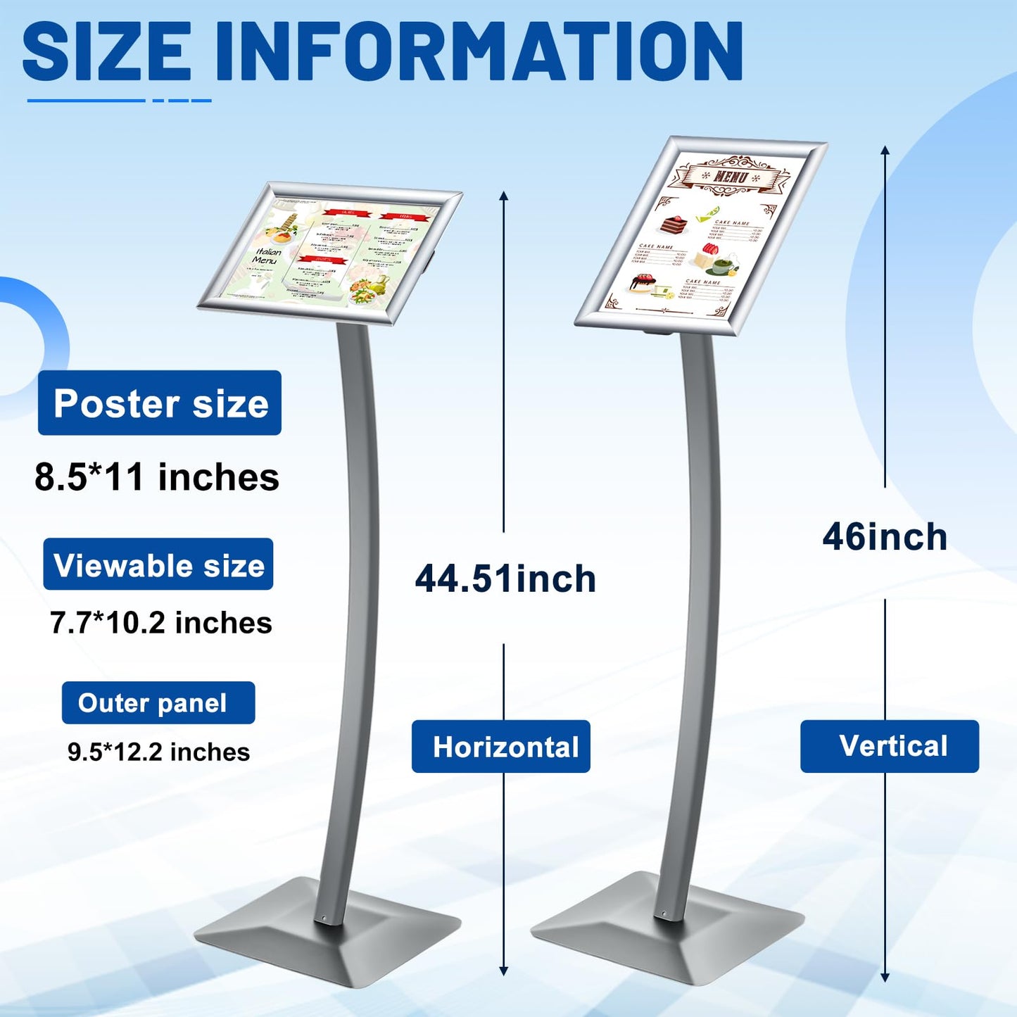 Adjustable Displays Curved Menu Board Heavy Duty Pedestal Sign Floor Standing Aluminum Front Loading Easy Open Poster Message Advertisement Holder for Restaurant Cafe Hotel(Silver,8.5 x 11 Inches)