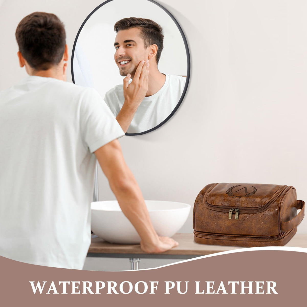 Aganmi Personalized Christmas Birthday Gifts Toiletry Bag for Men Dad Husband, Custom Initial PU Leather Waterproof Toiletry Organizer Dopp Kit Shaving Bag Travel Essential for Men, Light Brown J
