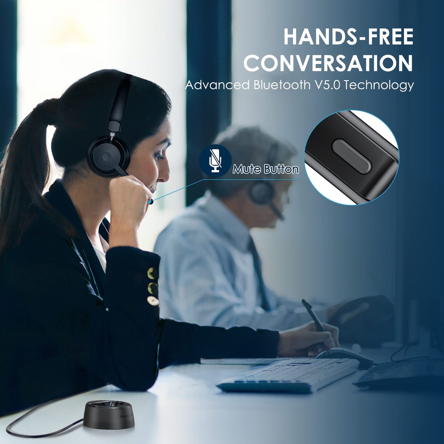Mopchnic Bluetooth Headset, Wireless Headphone with AI Noise-Canceling Microphone On Ear Wireless Headset with USB Dongle for Computer Office