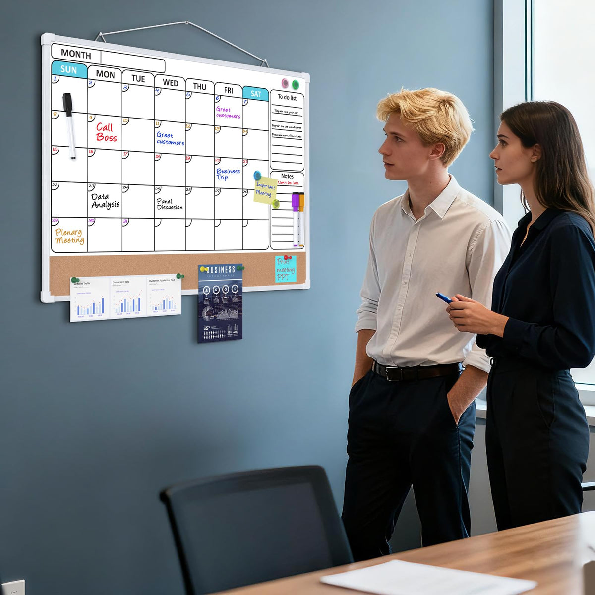 MaxGear Monthly Calendar Whiteboard for Wall, 24" x 18" Double-Sided White Board Calendar with Bulletin Board, Dry Erase Cork Board Combo, Hanging Dry Erase Board for Office Home Kitchen