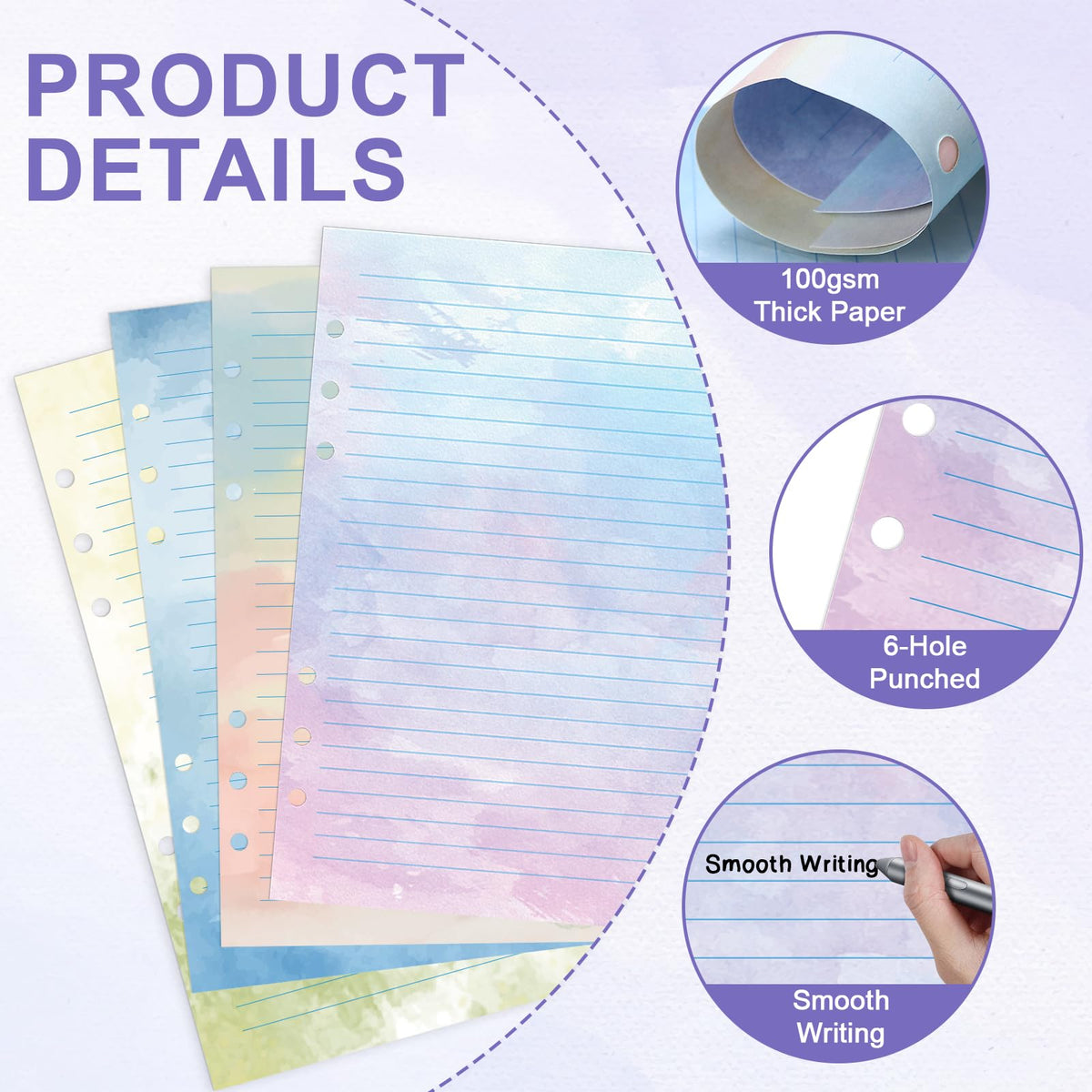 600 Sheet Watercolor A5 Refill Paper for Planner Inserts 6-Hole Loose Leaf Lined Filler Paper A5 Refillable Notebook Planner Accessories 100GSM for 6 Ring Binder Budget Planner Journal 5.6" x 8.2"