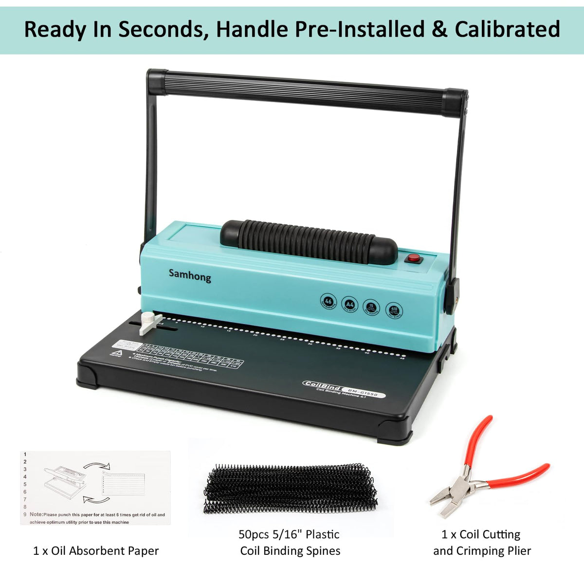 SAMHONG Coil Spiral Binding Machine - Manual Hole Punch - Electric Coil Inserter - Adjustable Side Margin - for Letter Size/A4/A5, Comes with 1 Box 5/16'' Plastic Coil Binding Spines & Plier