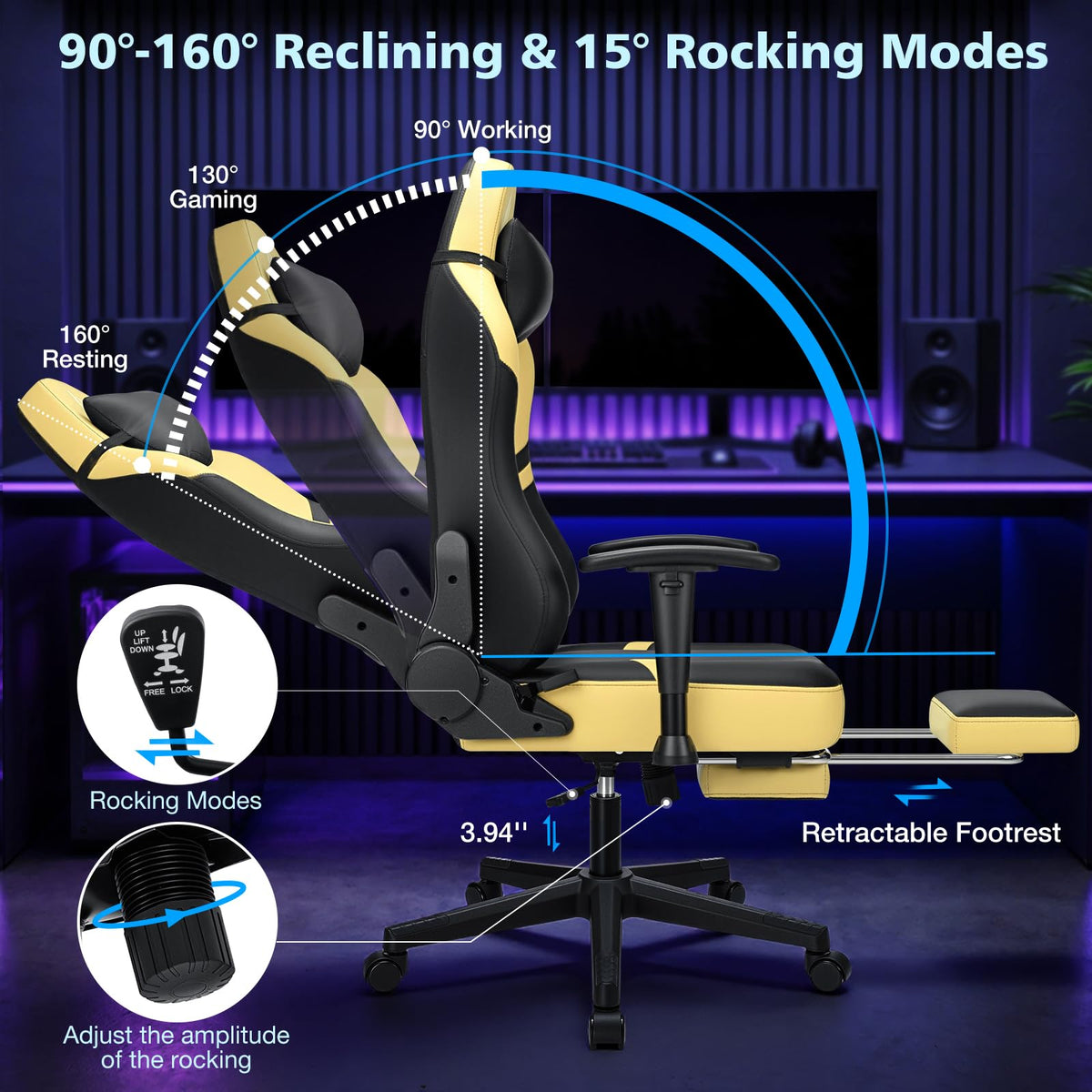 HOFFREE Gaming Chair with Footrest 160° Reclining Computer Chair with 15° Rocking Function Ergonomic Game Chairs for Adults 400lbs Home Office Compueter Desk Chair with 2D Armrests Yellow and Black