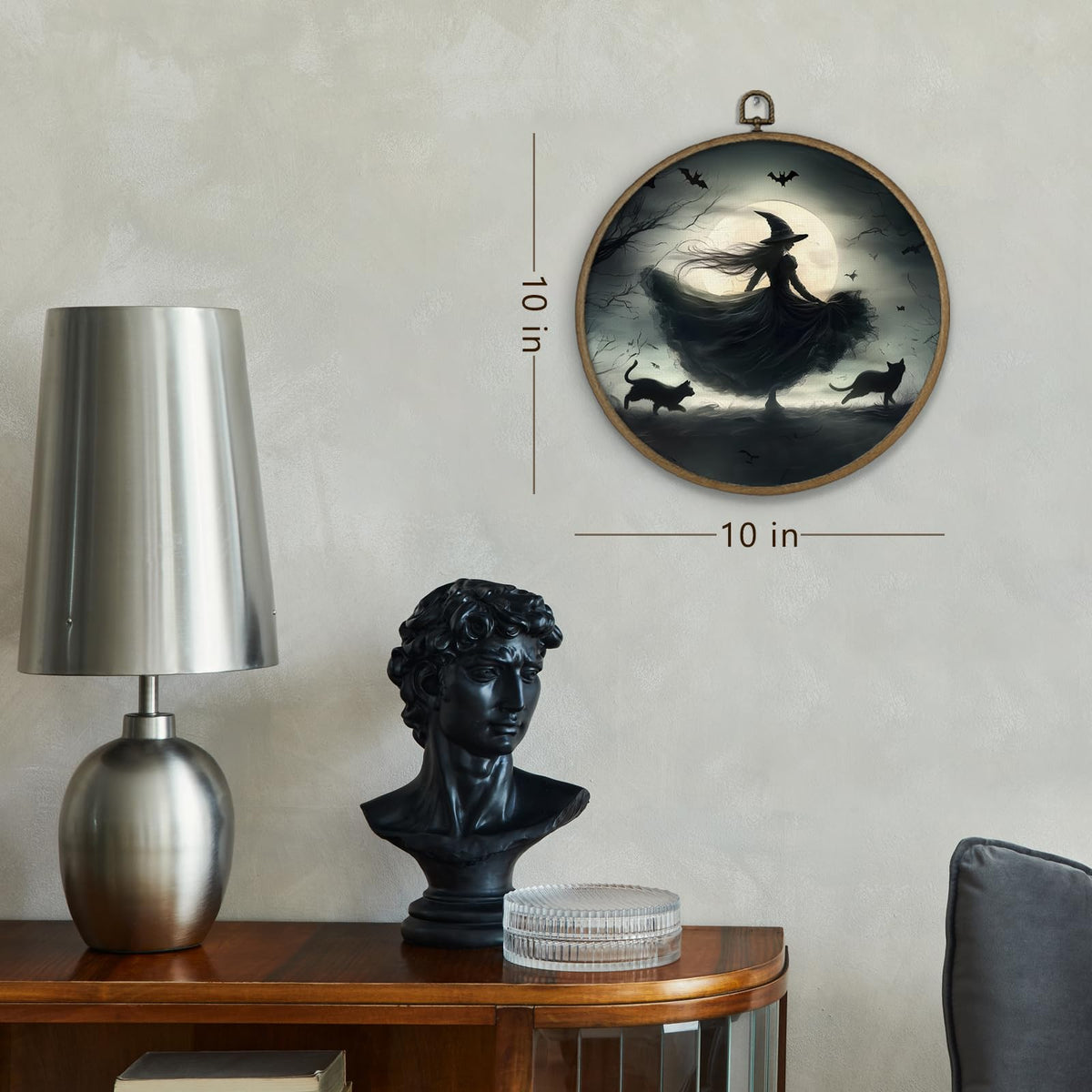 Gnmduw Witchy Black Cat Wall Art Framed, Dark Witchy Academia Decor, Halloween Witch Round Hanging Wall Decor, Dark Gothic Moody Academia Canvas Prints Art for Living Room Bathroom Bedroom, 10x10 In
