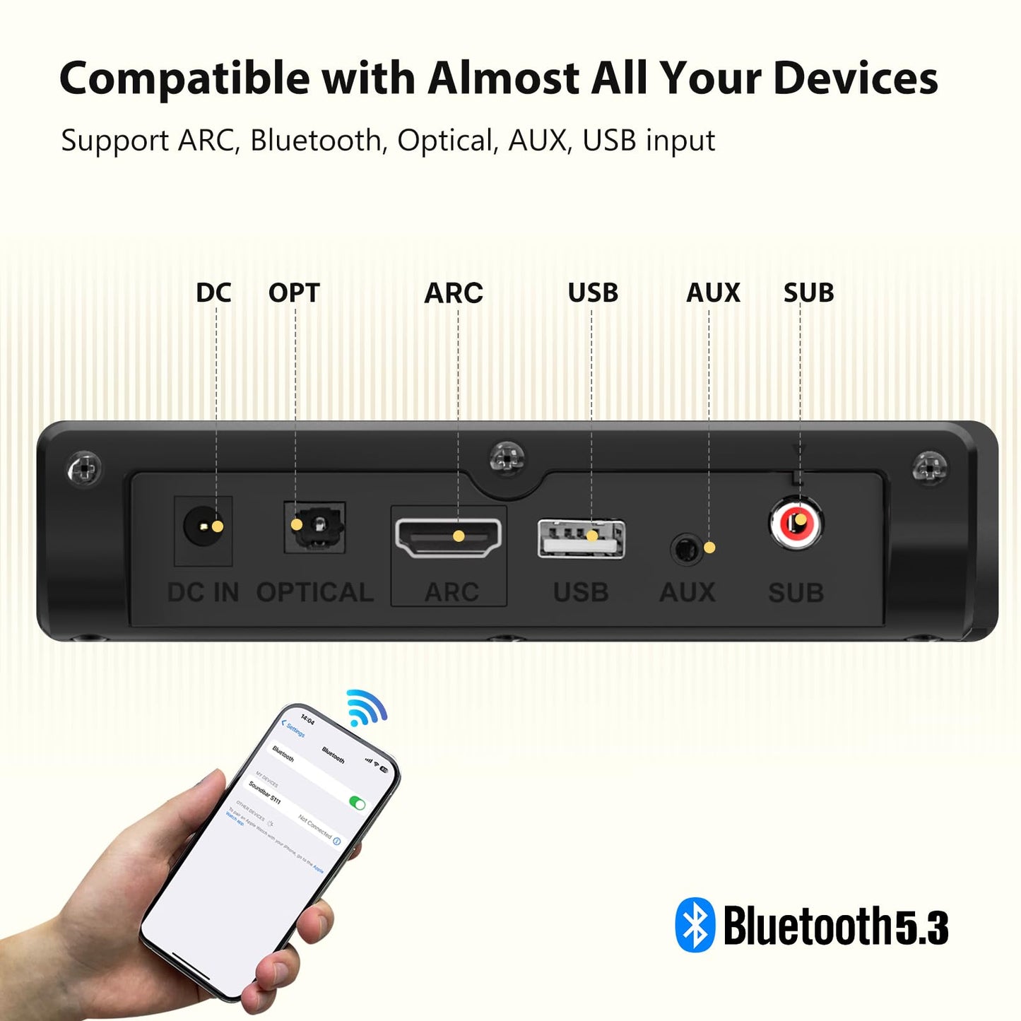 Wohome Sound Bar for Smart TV with Wired Subwoofers, 2.1 Channel Small TV Soundbar Speakers, Home Theater Surround Sound System, Bluetooth 5.3/ ARC/Optical/AUX Connectivity