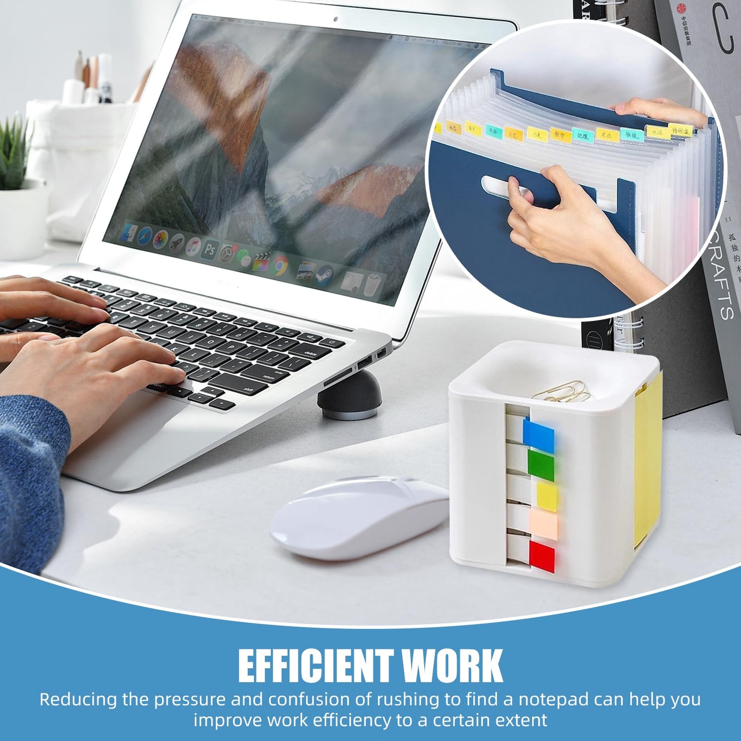 Sticky Note Holder and Dispenser with Magnetic Paper Clip Holder, 3x3 Pop-Up Note and Annotation Labels,Full Adhesive Note Roll Desktop Organizer.5-in-1 Multi-Function Standing Sticky Note Box(White)