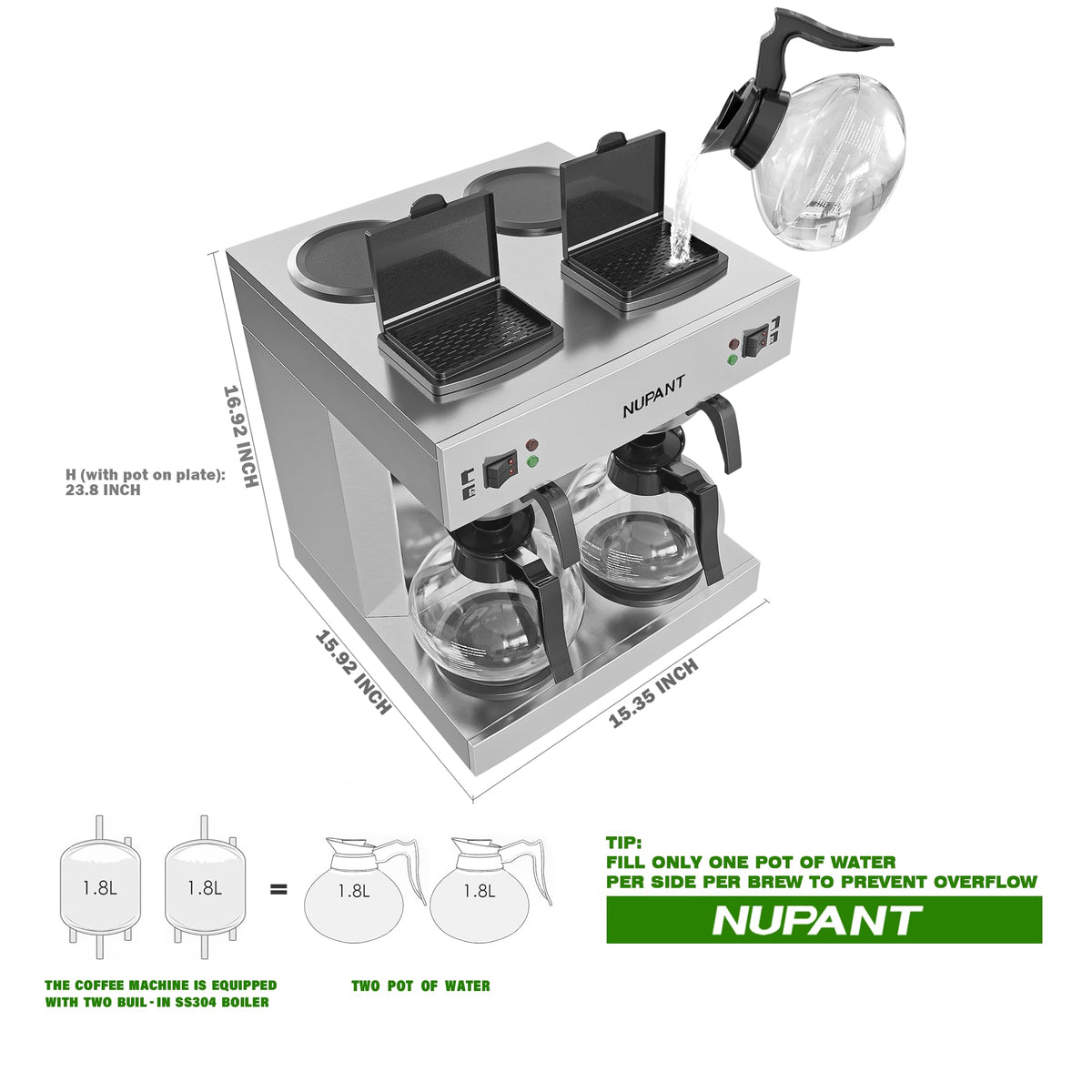 NUPANT Dual Drip Commercial Coffee Maker, 200 Cup/hour, 7.2L Pour Over Coffee Machine with 4 Glass Carafe and 4 Warmers, Stainless Steel Double Coffee Brewer Staition for Restaurant and COFFEE Bar