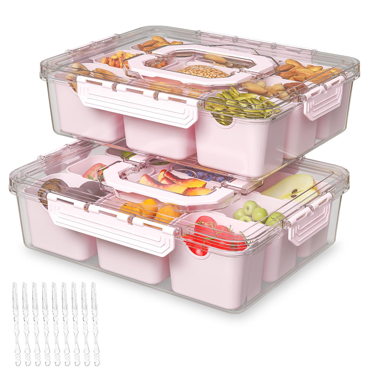 REBECAT Divided Serving Tray with Lid and Handles 9 Compartments Snack Box Container Charcuterie Organizer Snackle Box Container for Candy,Nuts，Fruits,Snacks,2 Pack,Pink