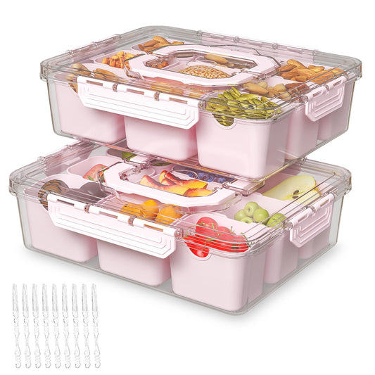 REBECAT Divided Serving Tray with Lid and Handles 9 Compartments Snack Box Container Charcuterie Organizer Snackle Box Container for Candy,Nuts，Fruits,Snacks,2 Pack,Pink
