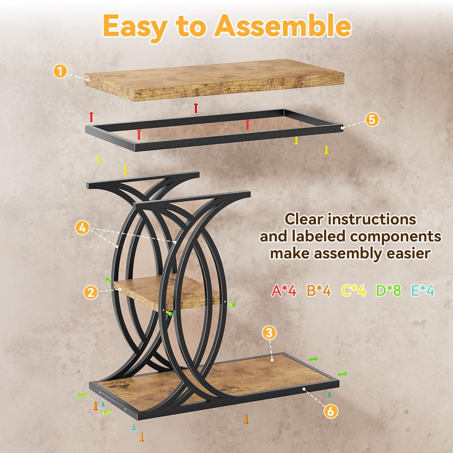 FJLHOHG C Shaped End Table, Bed Side Table, 3-Tier Side Table with Metal Frame, Wood End Table with Storage for Living Room, Couch, Sofa, Bedroom, Easy Assembly, 23.6" D*11.8" W*23.6" H, Rustic Brown