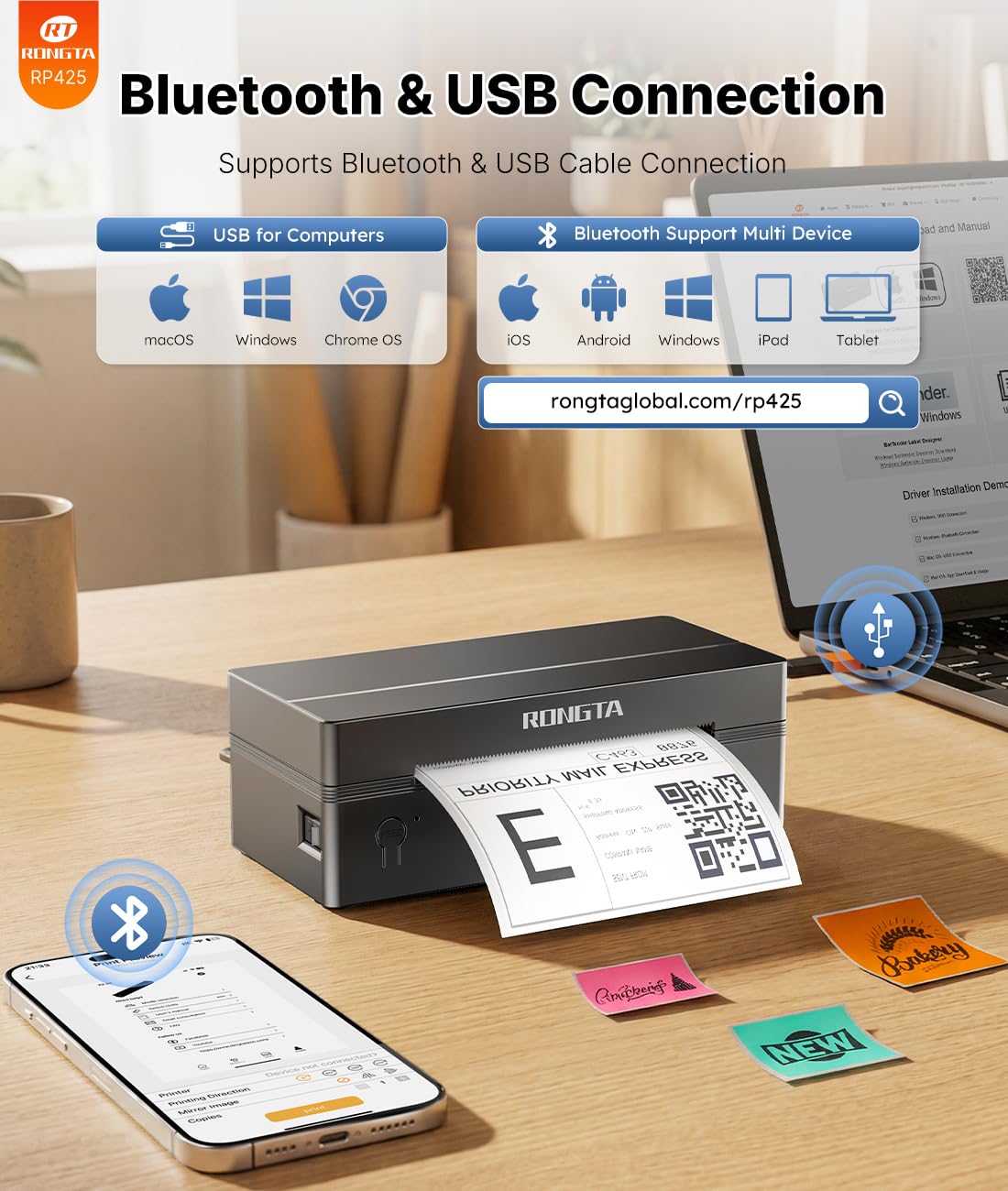 Rongta Bluetooth Thermal Shipping Label Printer, Wireless 4x6 Label Printer for Shipping Packages&Small Business, Compatible Windows/Mac/Android/iOS, Support USPS, UPS, Etsy, Shopify, RP425