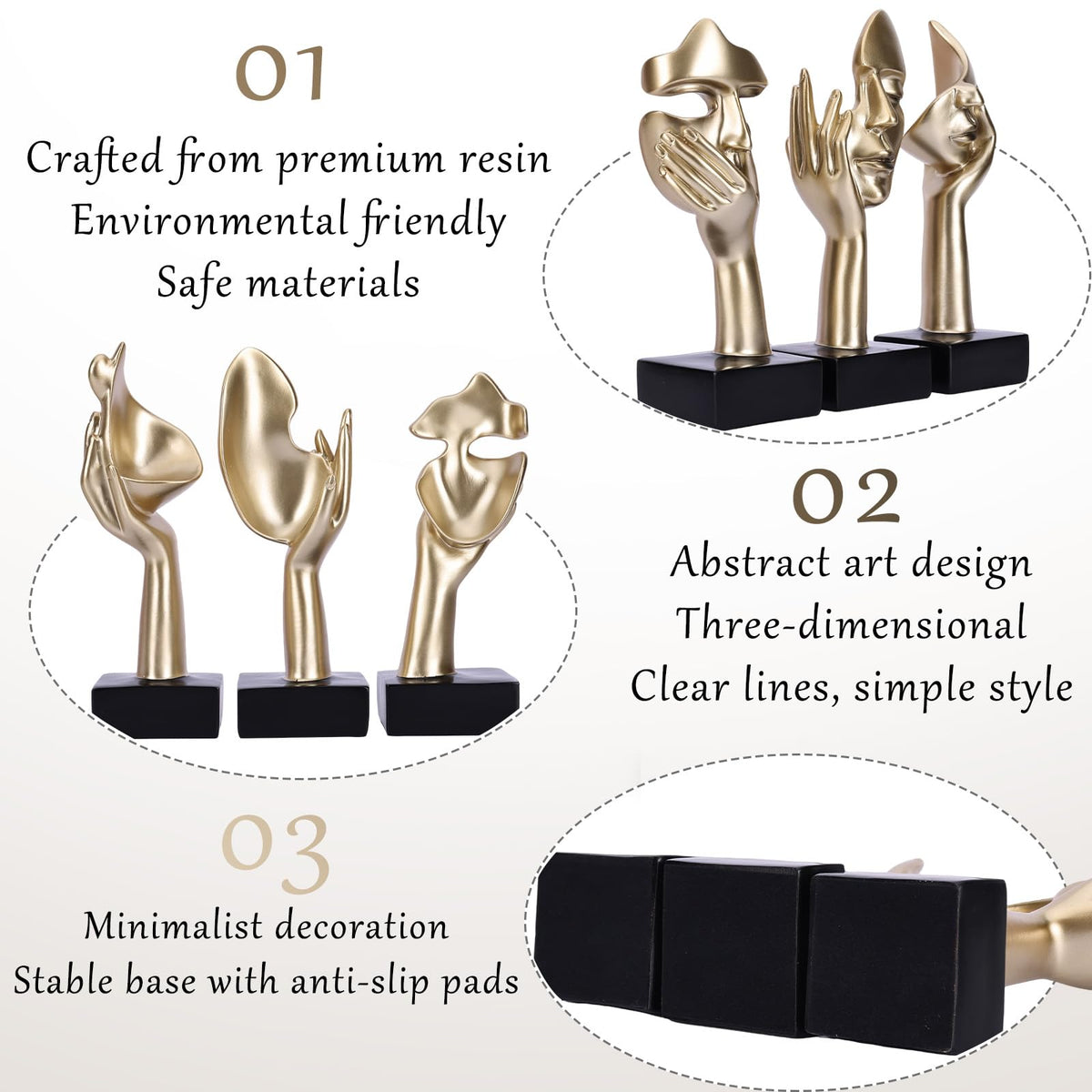 oliruim 3 Pcs Thinker Large Statue Set - Black Glod Art Abstract Home Accent Figurines for Living Room, Bedroom, Shelves, Office Desktop, Coffee Table Decor, Gift for Women (3 Pcs Black Glod, 9")