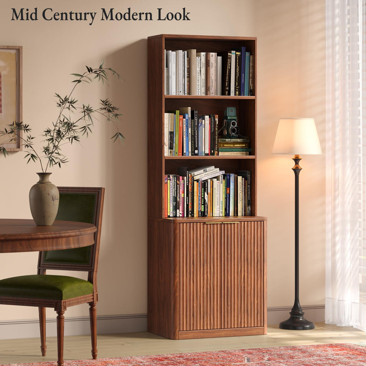 Hootata 71" Walnut Bookcase with Doors, 5 Tier Fluted Tall Bookshelf with Storage, Librero with Cabinet for Home Office, Living Room,or Bedroom