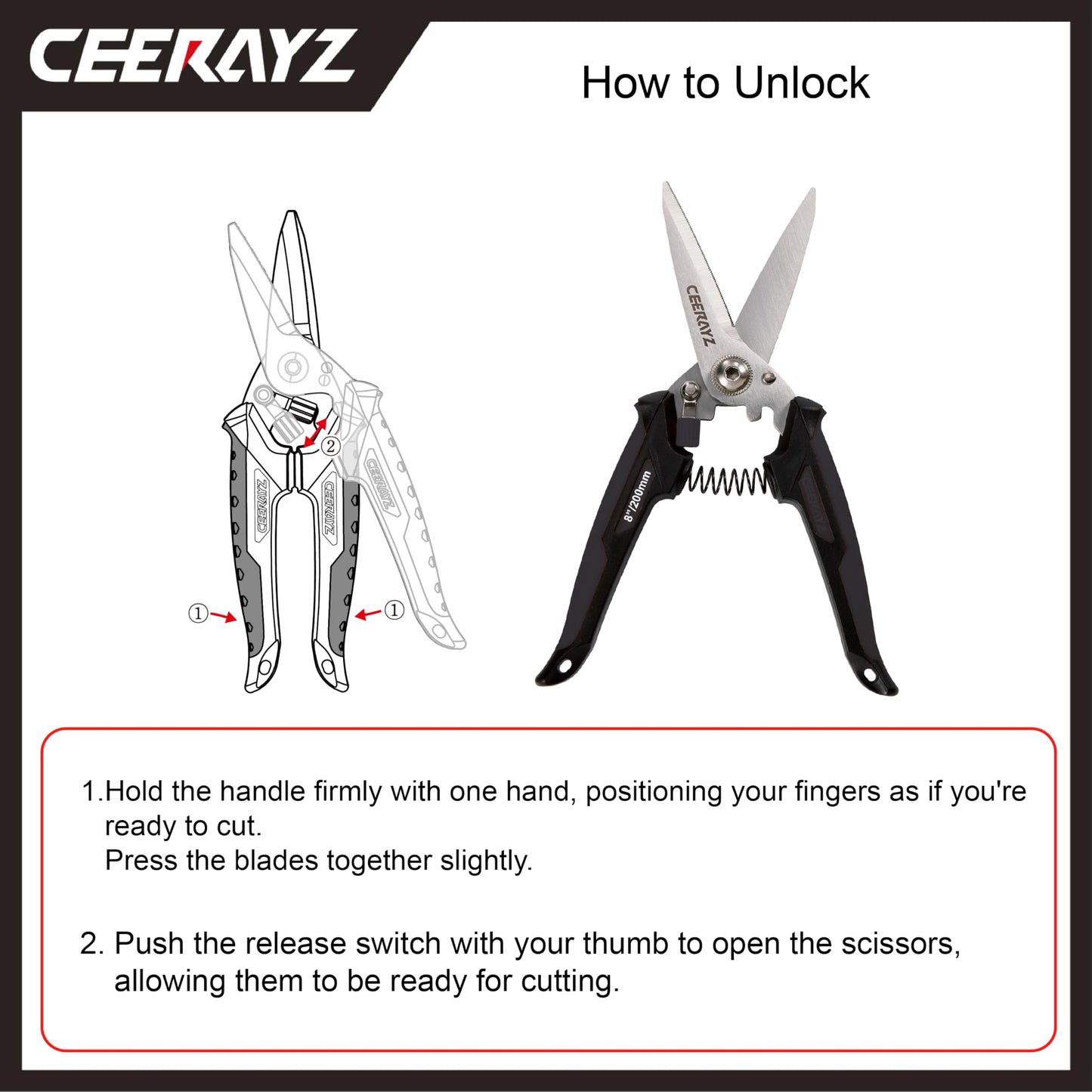 CEERAYZ 8" Scissors All Purpose, Heavy Duty, Multipurpose, for DIY Projects, Office, Production Lines, Pruning, with Protective Sheath and Magnetic Holder (Black)