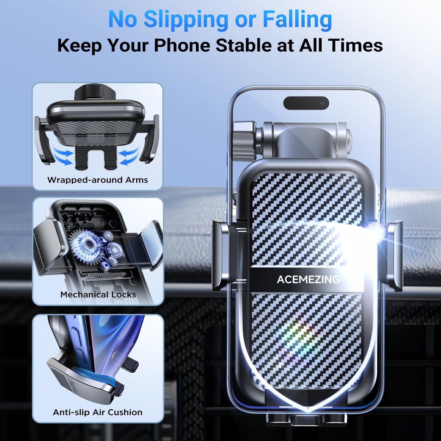 3-in-1 Car Phone Holder [122+LBS Strongest Suction & Stable Clamp Arm] 360° Adjustable Car Phone Mount, Cell Phone Holders for Your Car for Dashboard Vent, All Smartphones & Car Models