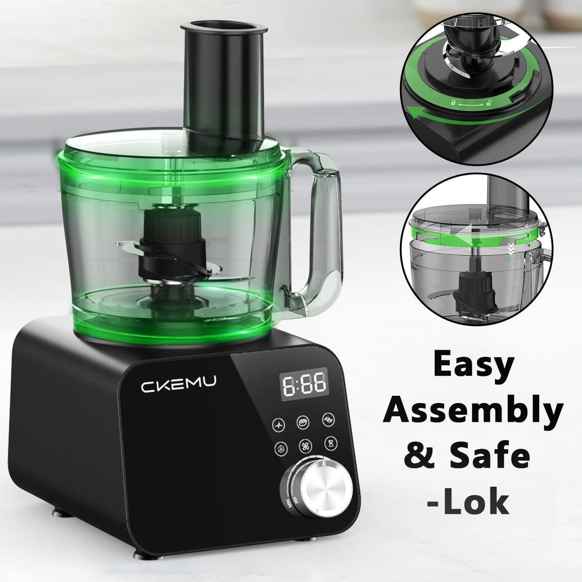 CKEMU Smart Food Processor and Vegetable Chopper, 6 Automatic Functions, BPA Free, Stainless Steel Blades, 12 Cup Bowl, 600-Watt Motor, Black
