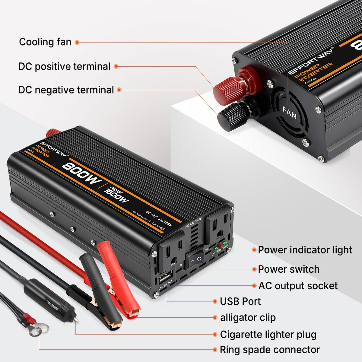 EFFORTWAY 800W Power Inverter, Inverter 12V to 110V with 2 AC Outlets, 2.1A USB Port, Car Power Inverter with Alligator Battery Clamp for Phone, Laptop on Camping, Road Trip