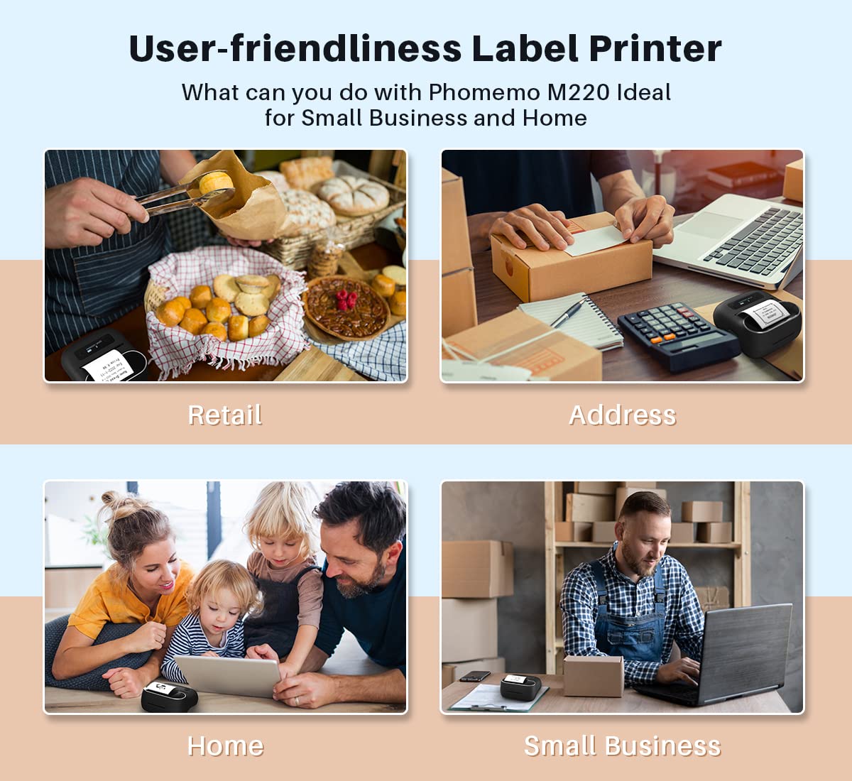 Phomemo M220 Bluetooth Label Maker - 3.14" Portable Thermal Printer with 3 Label, 2200mAh Battery, iOS/Android Compatible, for Small Business Home Office Organization & Barcodes