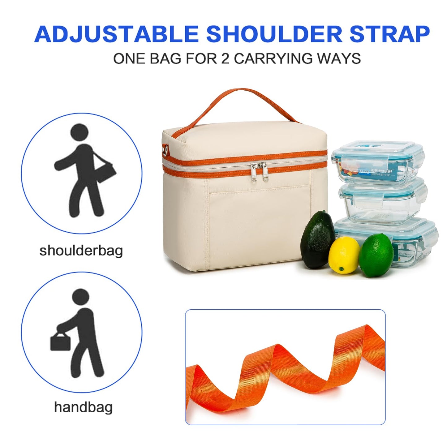 NOL Insulated Lunch Bags for Women Cooler Bag Lightweight Nylon Waterproof Lunch Box For Work (Medium(normal), Cream/orange)