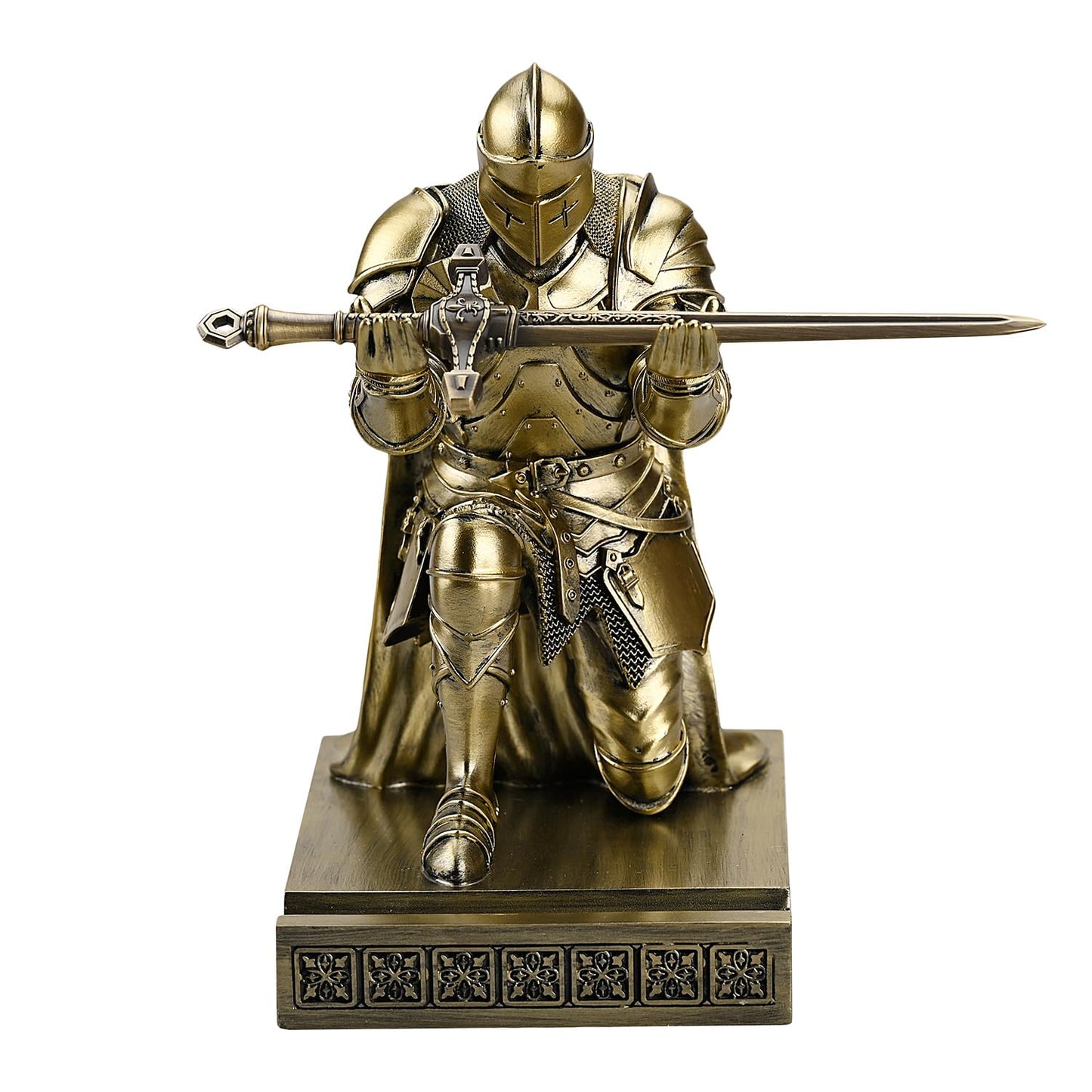 Amoysanli Medieval Armored Warrior Wearing Outerwear, Mobile Phone Stand Knight Pen Holder Desk Organizers, Resin Bookends Paperweight with a Letter Opener for Desk (Bronze)