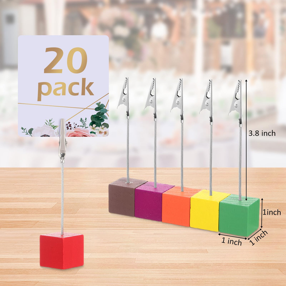 Gersoniel 20 Pcs Cube Base Memo Clip Holder with Alligator Clip Wood Table Number Holder Cube Base Place Card Stand Mini Photo Menu Stand for Displaying Number Card (Multi Color)