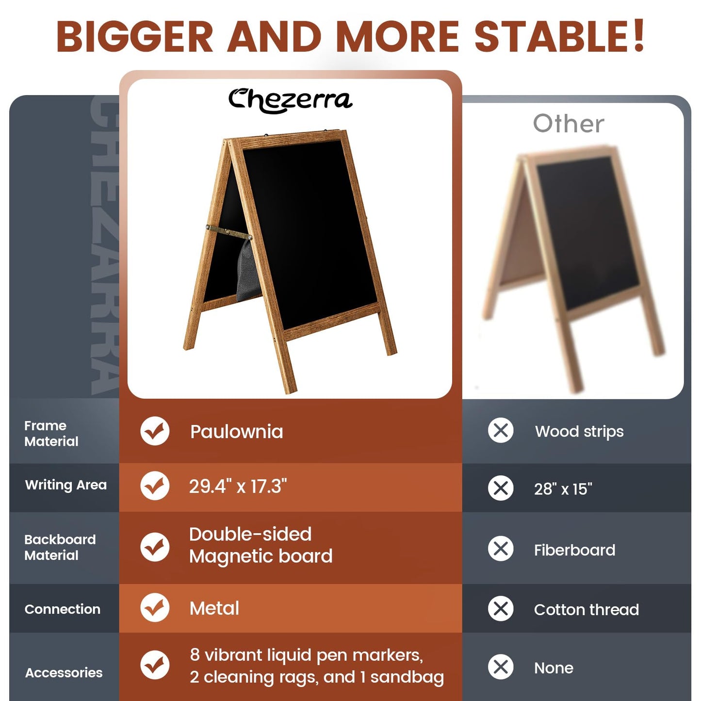 Chezerra A Frame Chalkboard Sign, 40"x20" Extra Large Sidewalk Chalk Board, Wooden Standing ChalkBoards Set with Markers, Double-Sided Magnetic Blackboard for Cafés, Weddings, Party Guide, Brown
