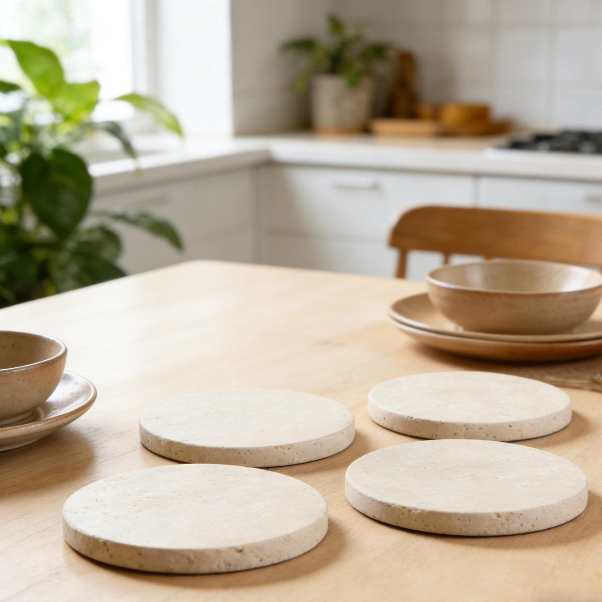 Travertine Stone Coasters, Set of 4, 4-Inch Round Protect Table Surfaces from Stains & Heat - Ideal Housewarming or Wedding Gift - Long-Lasting, Absorbent, and Modern for All Drinkware
