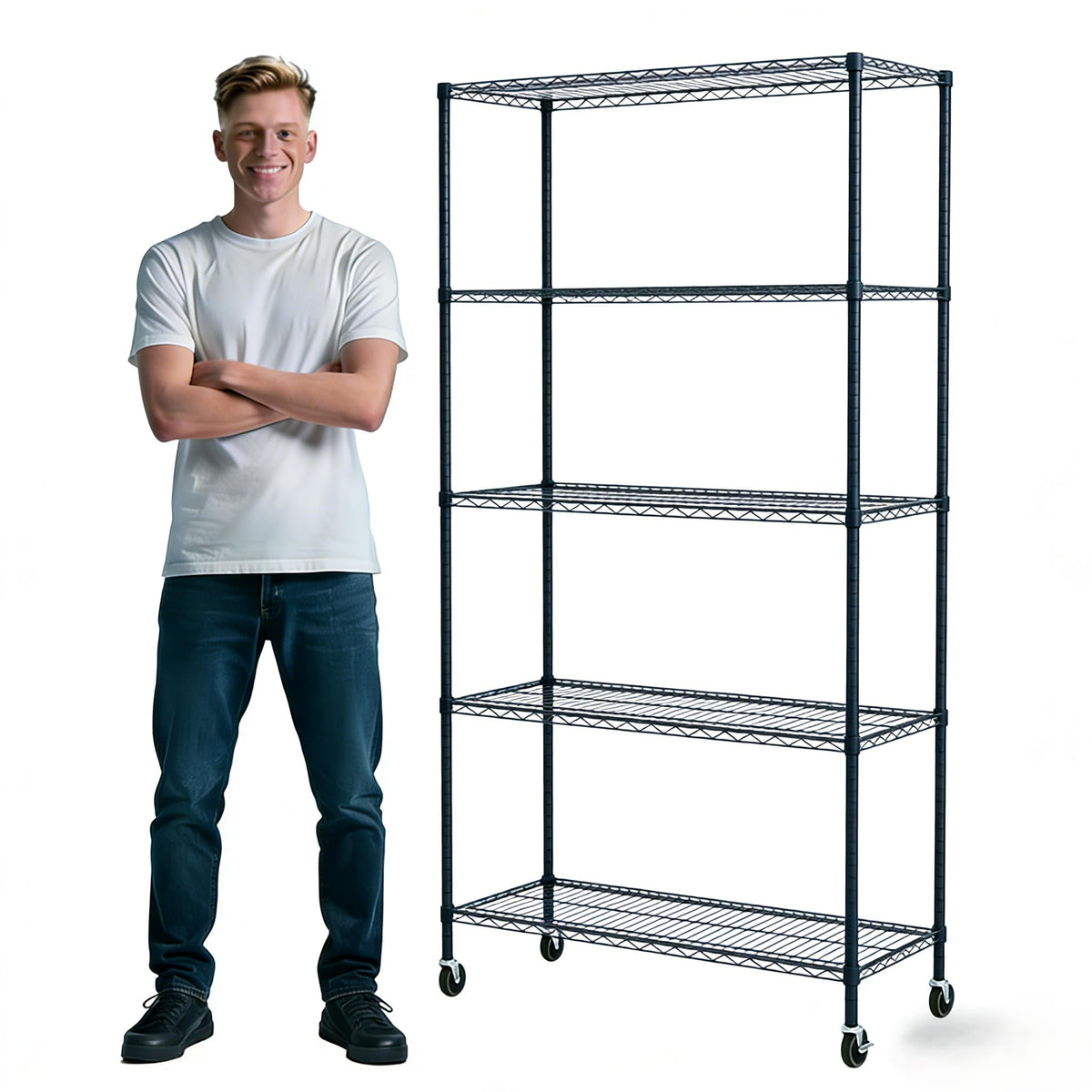 Simple Deluxe 5-Tier Heavy Duty Adjustable Shelf with Wheels, 23.23”W x 13.39”D x 59.45”H,Metal Storage Rack, Easy Tool-Free Assembly for Garage, Warehouse, Basement, Laundry, Black