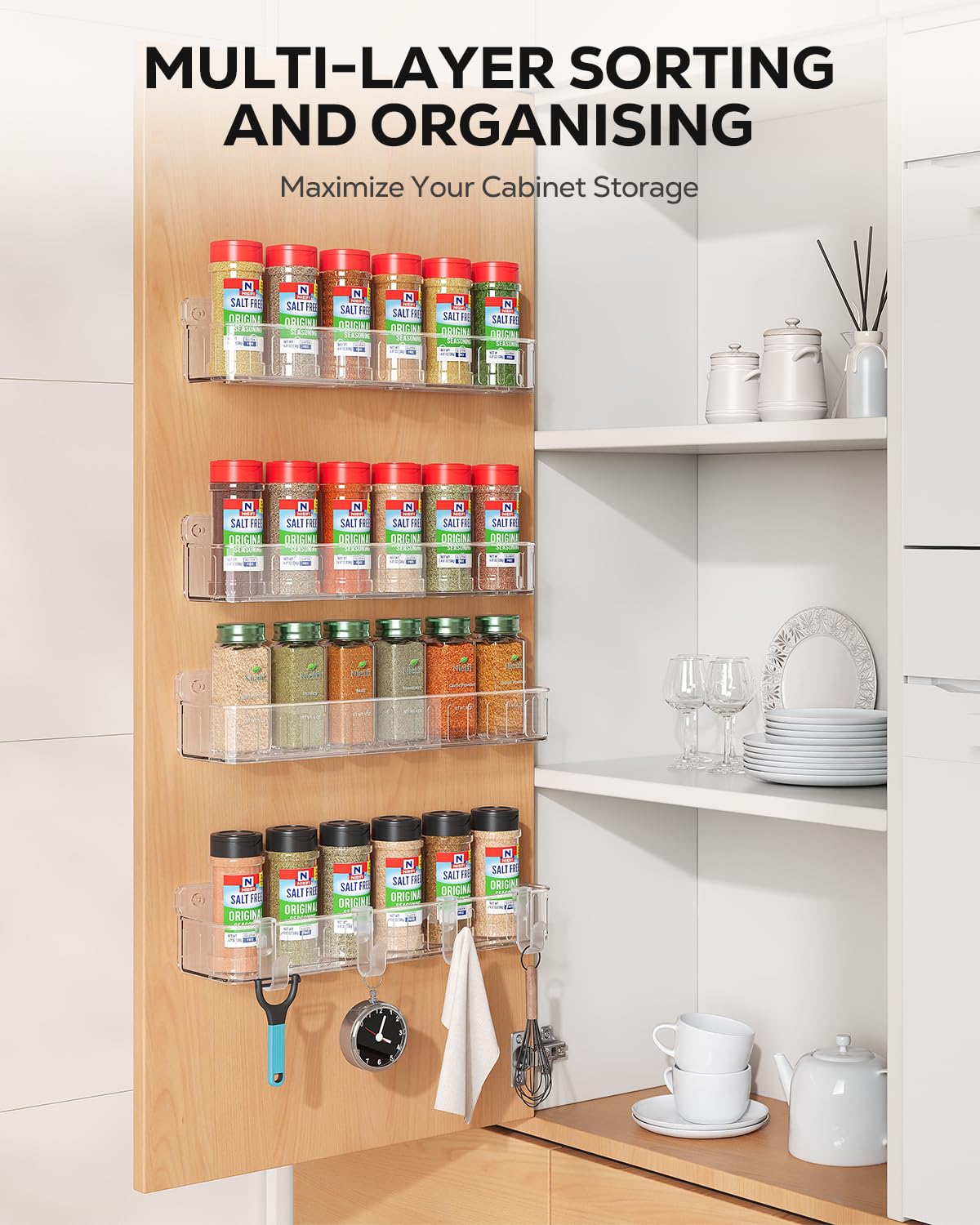 Nieifi Spice Rack Wall Mount, 4 Pack, Clear, Screw or Adhesive Installation, Spice Rack Organizer for Your Kitchen Cabinet or Pantry Door