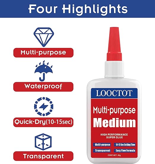 LOOCTOT 60g Medium CA Glue Premium Adhesive. All Purpose, Quick Drying Super