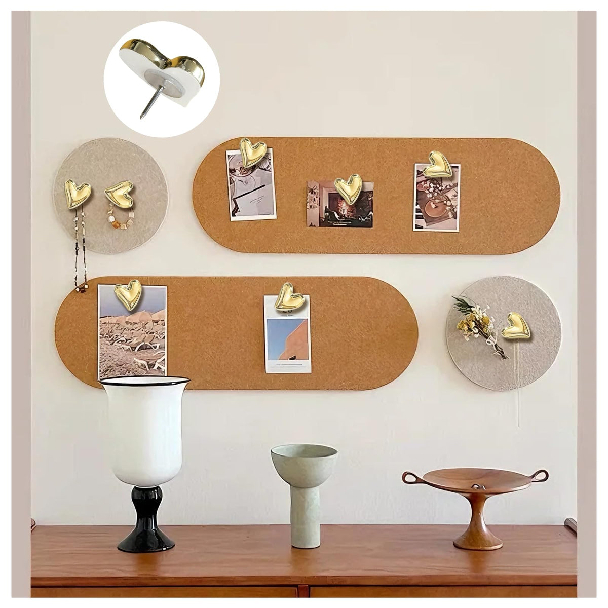 SSYHQAX 50 pcs of Cute Soft Wooden Board thumbtack with Golden Hearts can be Used for Photo Walls, memos, whiteboards, and Decorative thumbtack (Golden)