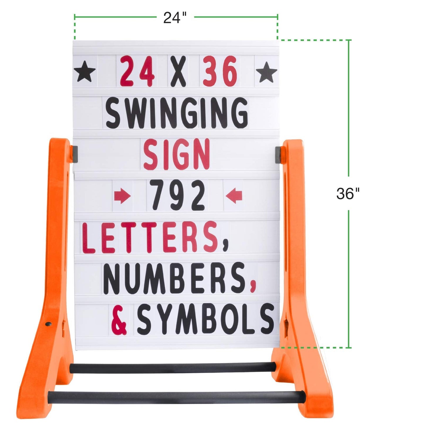 Swinging Changeable Message Sidewalk Sign: 24" x 36" Sign with 792 Pre-Cut Double Sided Letters and Storage Box. Includes Black Board & Letter Board (Orange Color Legs)