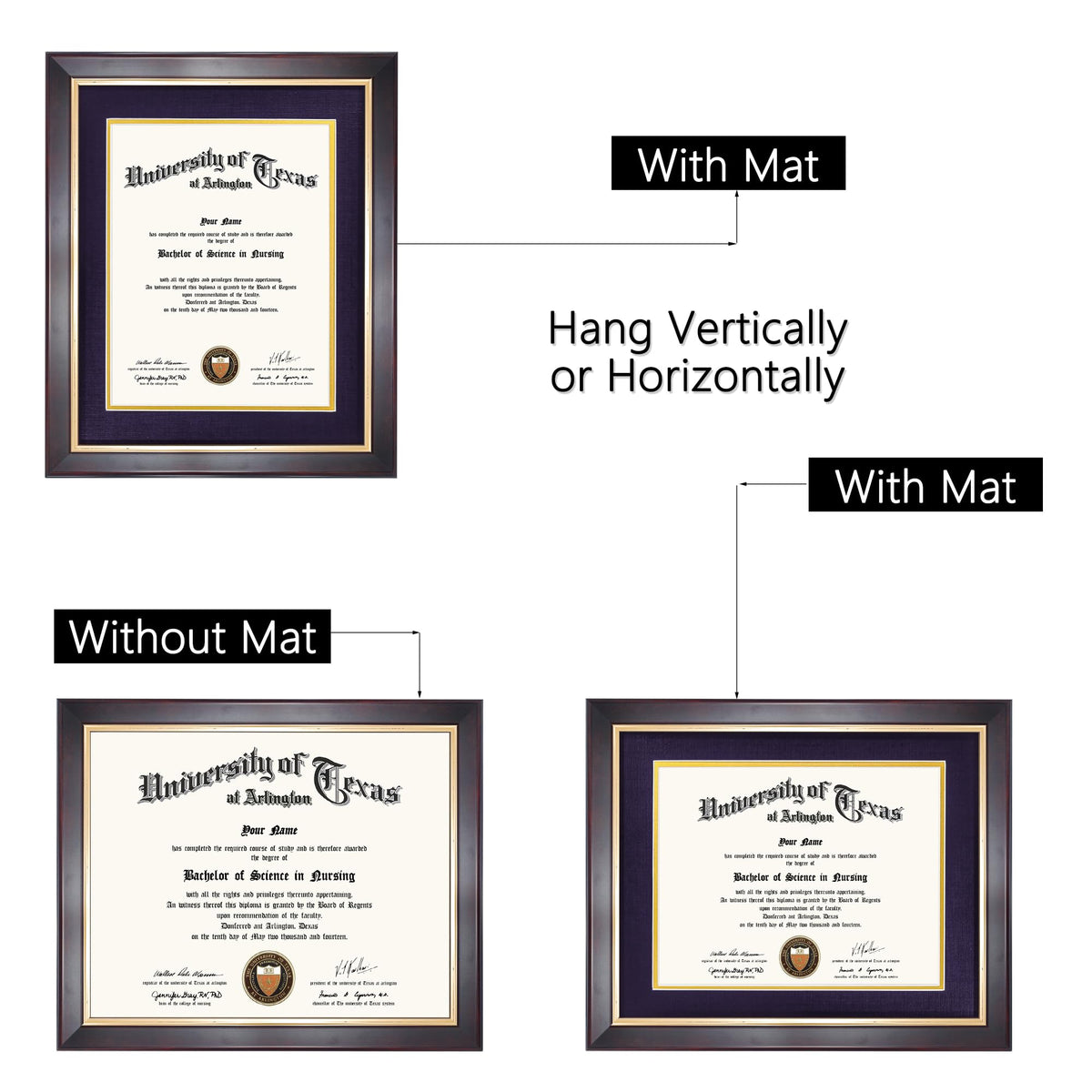 GMFrames 8.5x11 Wood Diploma Frame with Purple Mat or Display 11x14 Certificates without Mat,Tempered Glass,Deep Brown Finish with Gold Trim