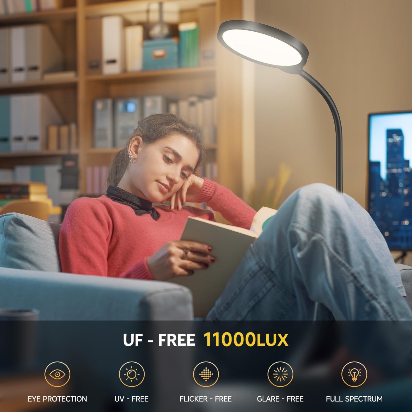 Morfone Light Therapy Lamp, 11000 Lux UV-Free Floor Sun Light Lamp with Touch Remote Control, 5 Color Temperatures 10 Brightness Levels Lights for Living Room Bedroom Office (Black)