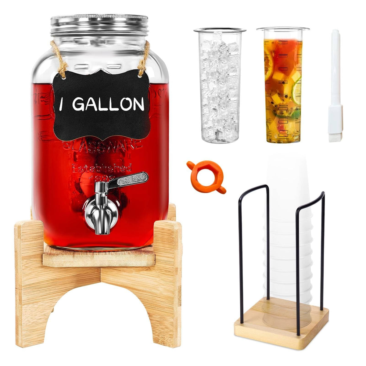 Glass Drink Dispenser with Stand, 1 Gallon Beverage Dispenser for Parties with Cup Holder, Includes Ice & Fruit Infuser, 18/8 Stainless Steel Spigot