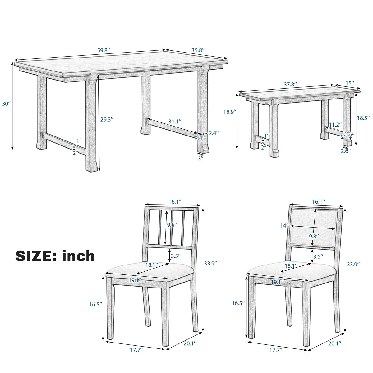 Merax 6-Piece Farmhouse Dining Table Set for 6, 59.8" Rectangle Table + 4pcs Dual-Style Chairs + 37.8" 2 Seater Bench, Kitchen and Dining Room Sets with Solid Wood Legs and Frame (Walnut+ Beige)
