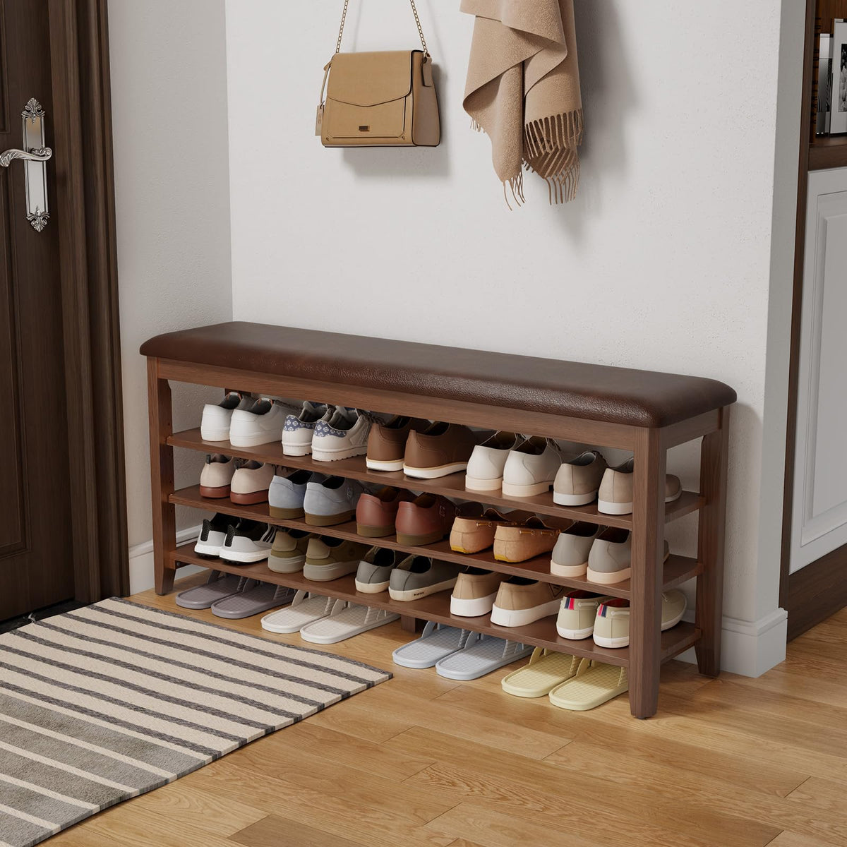 AQIMUELE Shoe Bench with Leather Cushion, 3 Tiers Shoe Storage Bench Height Adjustable, Walnut Wood Entryway Bench for Hallway, Mudroom