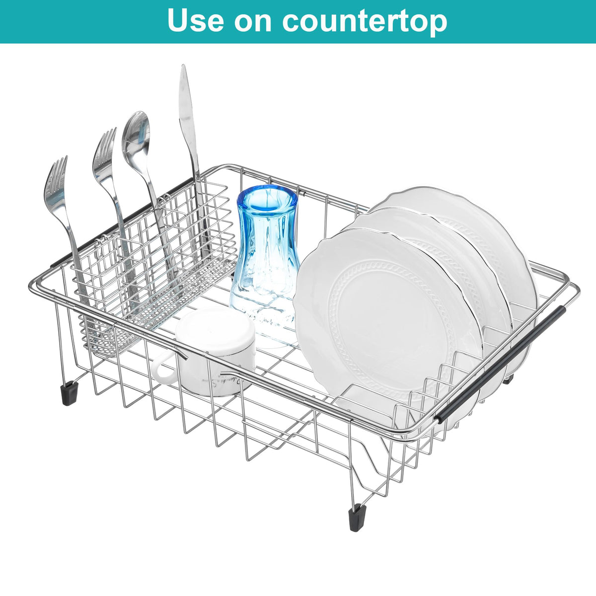 iPEGTOP Expandable Dish Drying Rack Over Sink, Rustproof Stainless Steel Basket Shelf, Multifunctional Dish Drainer Organizer with Utensil Cutlery Holder