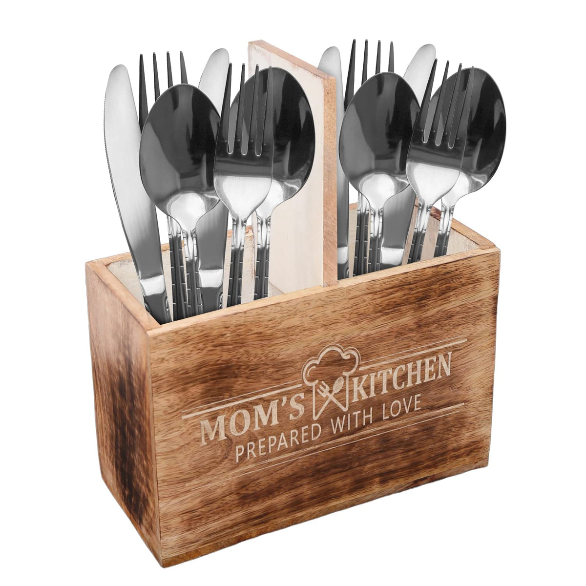 CHEF'S UNIQUE Wooden Utensil Holder For Countertop - Durable Cooking Utensils Holder - large Rustic Countertop Kitchen Décor - Spatula Utensils And Spoons Organizer With Divider