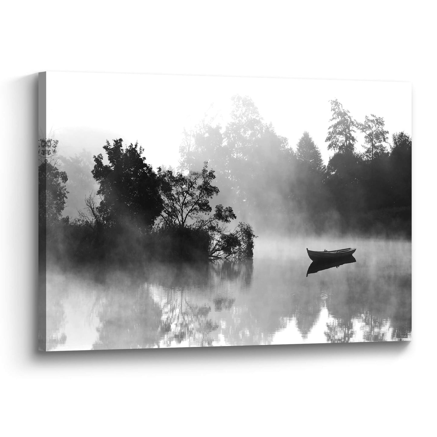 Nature Lake Wall Art Canvas: Foggy Forest Landscape Picture Water Scenery Print Black Boat Artwork Decor Calming Painting for Living Room Bedroom Home Office