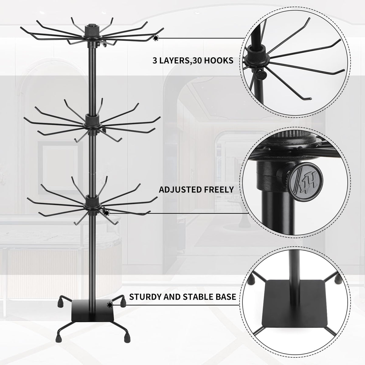 bahforam 2 Pcs 3-Tier Rotating Jewelry Display Stand, 28.35 inch Tall Floor-Standing Metal Rack with 60 Hooks Total (30 per Stand), Adjustable Tiers, Black - Necklaces, Earrings, Keychains