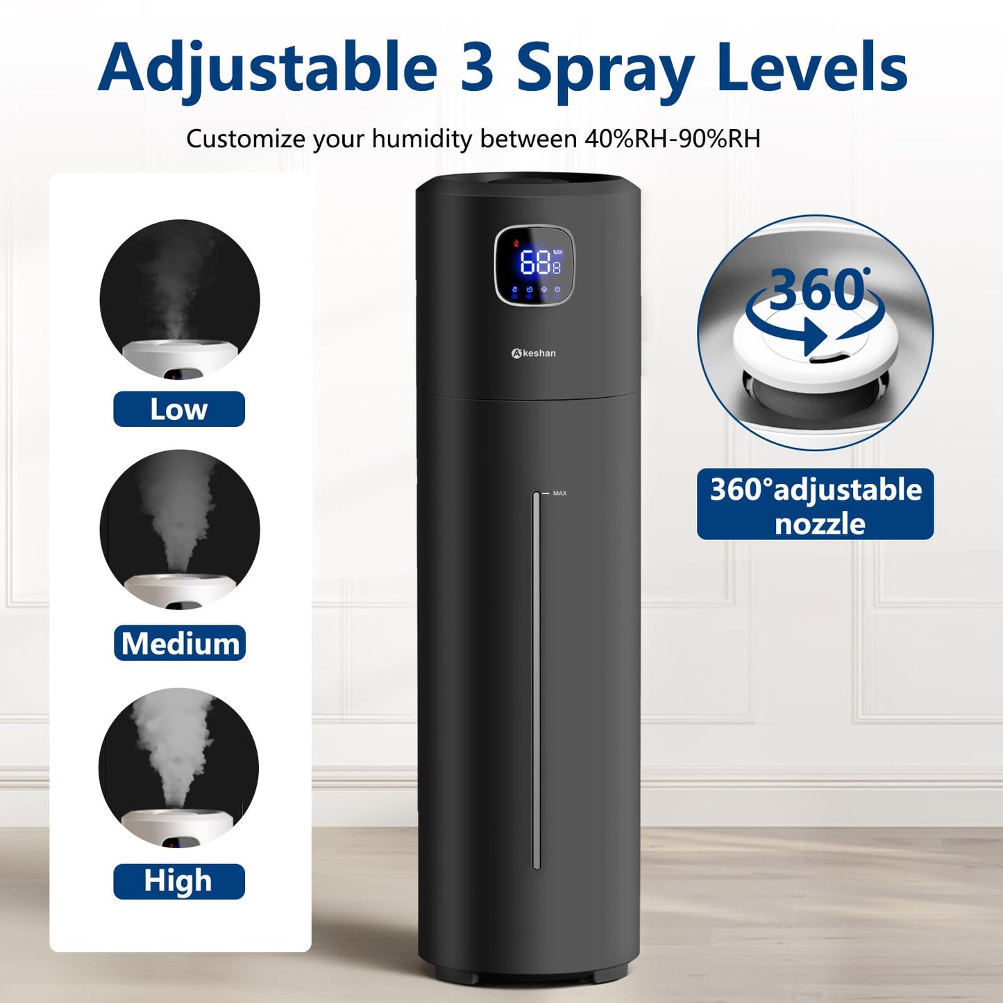 Akeshan Large Humidifiers for Bedroom, 9L/2.5Gal Ultrasonic Cool Mist, Top Fill Easy Clean with 350ML/H Mist Speed, Quiet, Suitable for Kids Room Plant Yoga Office Study Room Living (Black, Round)
