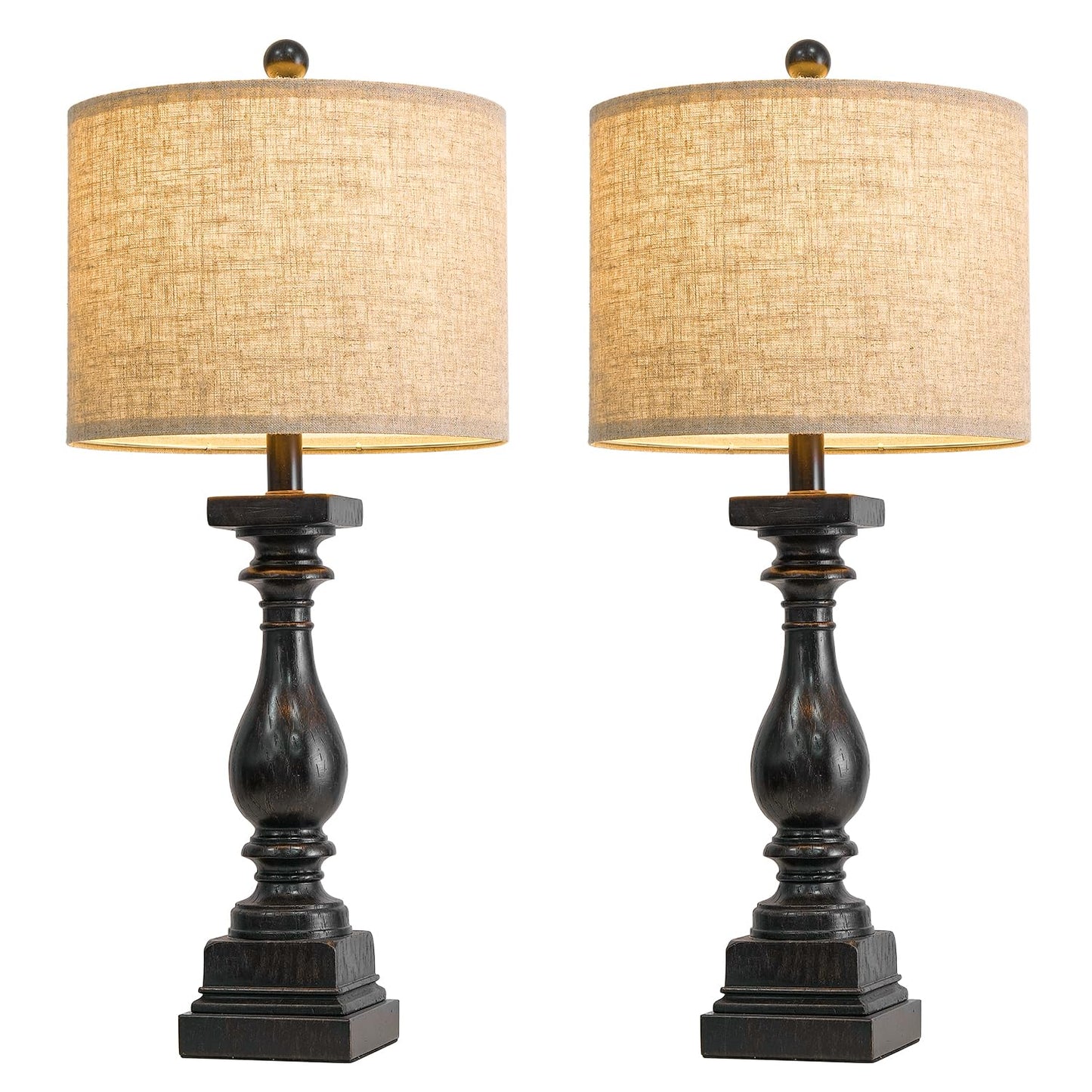 BOBOMOMO 27" Farmhouse Black Table Lamp Set of 2 with USB A+C for Bedroom Living Room Vintage Rustic Traditional Nightstand Bedside Lamps Retro Side Table Lamps (Blubs not Included)