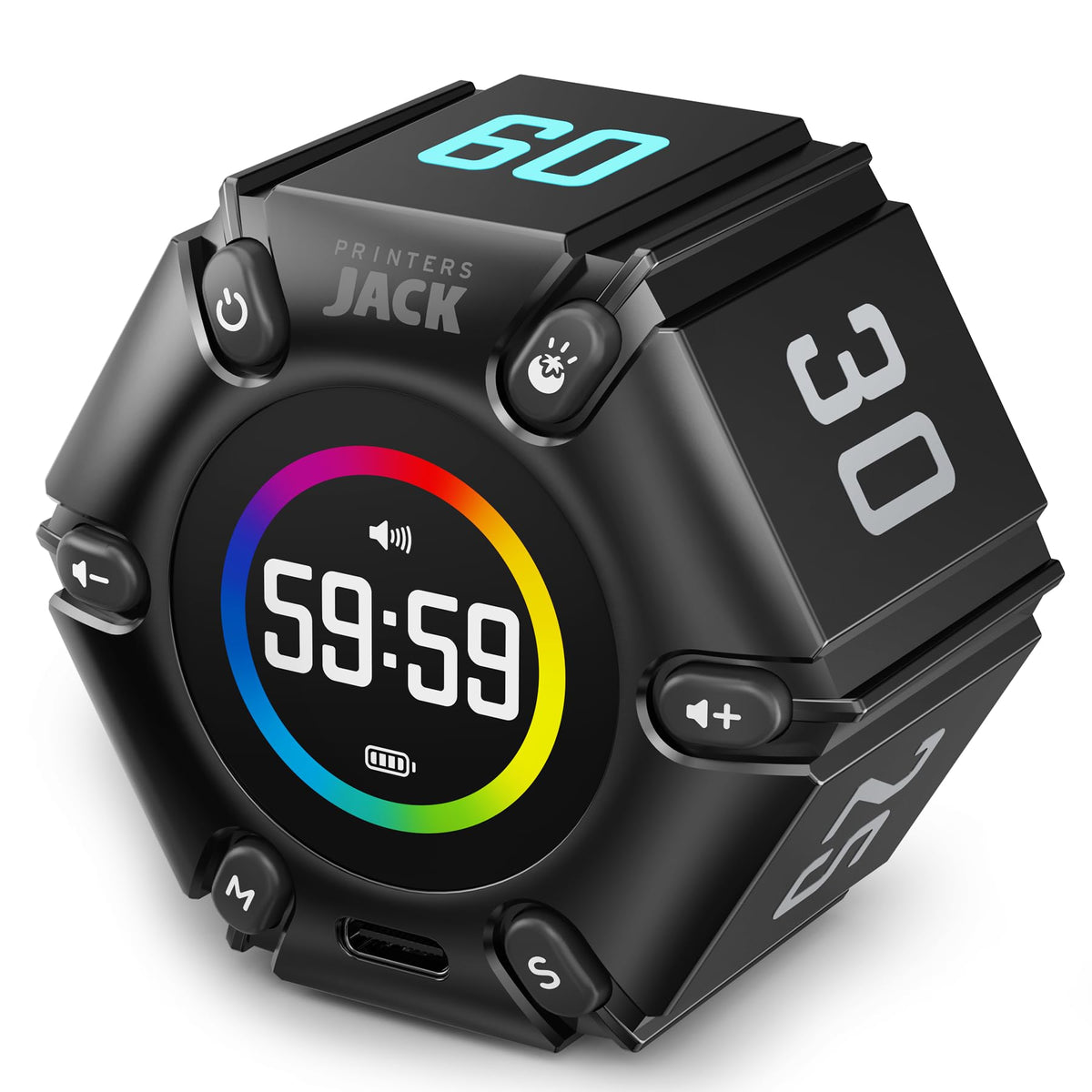 Jack Pomodoro Timer - Productivity Cube, Visual Focus Timer, Mute & Vibration & Adjustable Sound Alert, for Office, ADHD, Study, Work, 3/5/10/25/30/60min & Custom Countdown - Black
