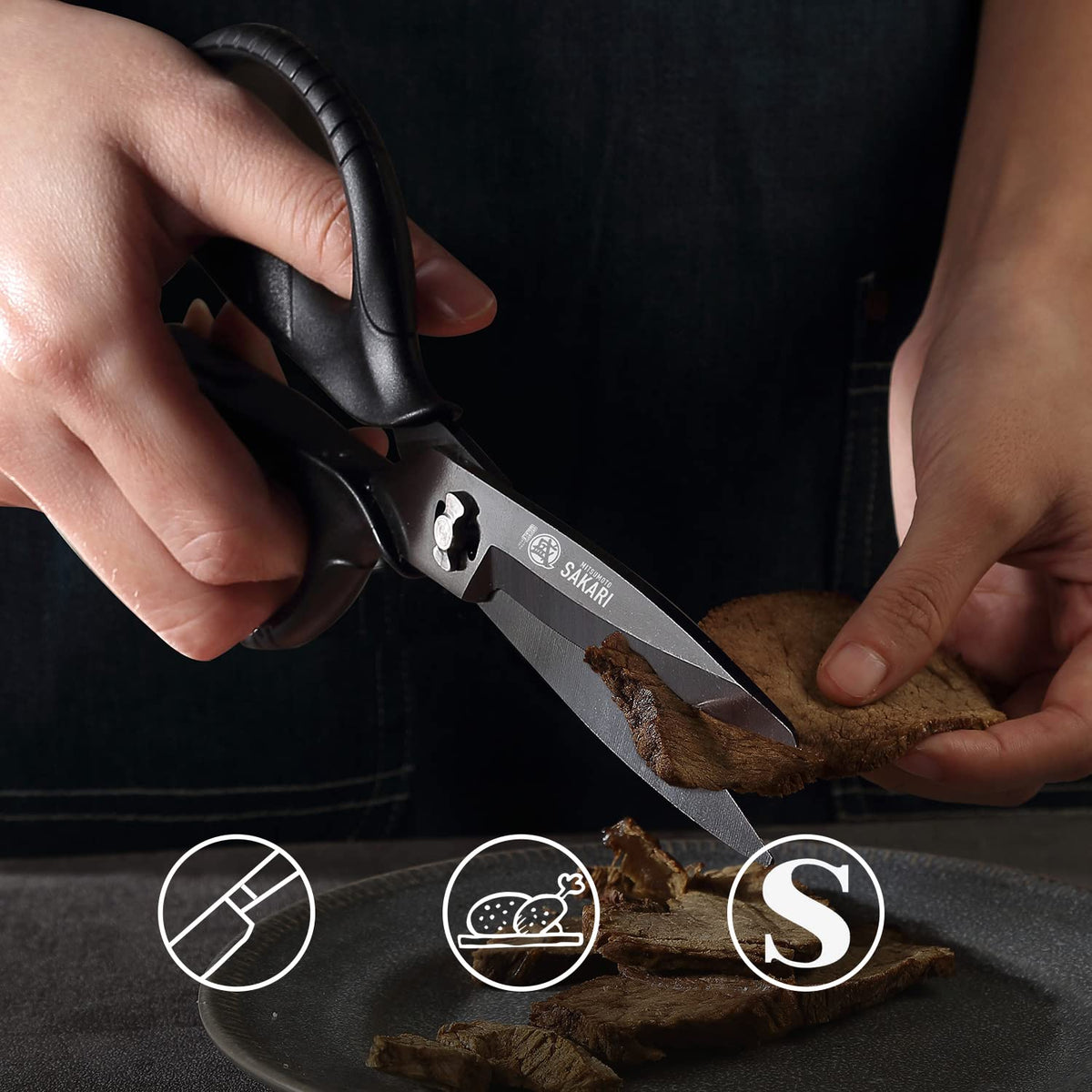 MITSUMOTO SAKARI Japanese Kitchen Scissors, Heavy Duty Poultry Shears, Detachable Titanium Plated Stainless Steel Utility Food Scissors for Meat, Chicken Bone and Herbs