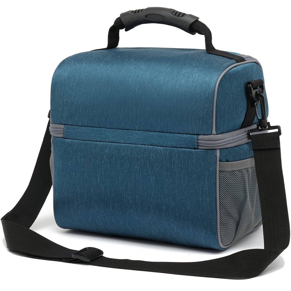 FlowFly Double Layer Cooler Insulated Lunch Bag Adult Lunch Box Large Tote Bag for Men, Women, With Adjustable Strap,Front Pocket and Dual Large Mesh Side Pockets,Lake Blue