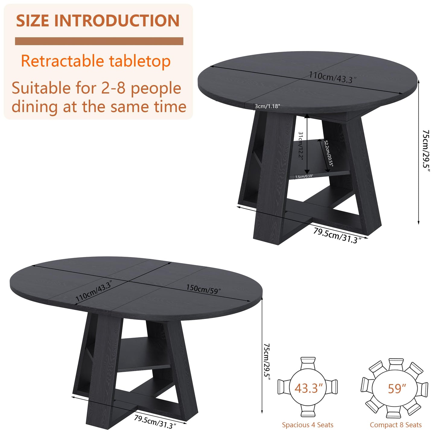 43.3in-59in Extendable Round Conference Table for 4-6 People,Wooden Oval Meeting Room Table with Removable Leaves,Space Saving,Office Table with Storage Shelf for for Office Conference Room